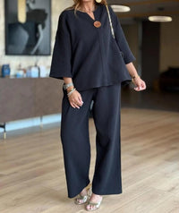 Hannah | Damen Leinen-Tunika Palazzo-Hosen Set Lässiges Zweiteiler-Outfit - Schwarz