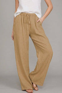 Charlotte | Damen Leinen Wide Leg Pants mit elastischem Kordelzugbund - Khaki