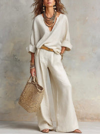 Leonie | Damen Leinenoptik Zweiteiler Relaxed-Fit Wide Leg Pants Set V-Ausschnitt - Weiß