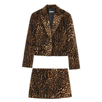 Damen Leopardenmuster-Set mit Cropped Blazer Kerbrevers und Mini-Rock - Braun mit Leopardenmuster