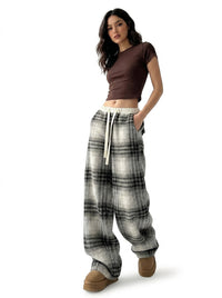 Damen-Loungehose mit weitem Bein und Karomuster - Schwarz