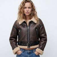 Elfriede | Damen Luxus Doppelseitige Lammfell Bomber Jacke - Braun