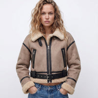 Elfriede | Damen Luxus Doppelseitige Lammfell Bomber Jacke - Khaki