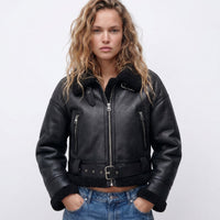 Elfriede | Damen Luxus Doppelseitige Lammfell Bomber Jacke - Schwarz