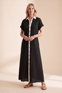Damen Maxi-Hemdblusenkleid mit kurzen Ärmeln - Schwarz