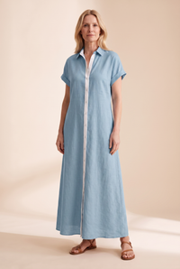 Damen Maxi-Hemdblusenkleid mit kurzen Ärmeln - Blau