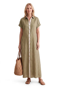 Damen Maxi-Hemdblusenkleid mit kurzen Ärmeln - Greige