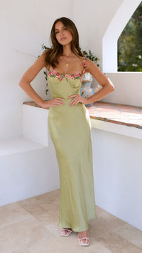 Damen Maxi-Kleid mit Herzausschnitt und Blumenapplikation am Dekolleté mit Reißverschluss hinten - Hellgrün