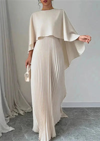 Damen Maxikleid mit Asymmetrischem Cape-Überwurf Plisseerock und Rundhals - Beige