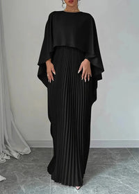 Damen Maxikleid mit Asymmetrischem Cape-Überwurf Plisseerock und Rundhals - Schwarz
