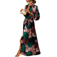 Damen Maxikleid mit Blumenmuster, Kragen und Bindegürtel - Dunkelgrün