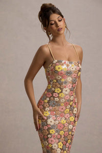 Damen Maxikleid mit Blumenmuster Paillettenoberfläche Spaghettiträgern und Geradem Ausschnitt - Beige