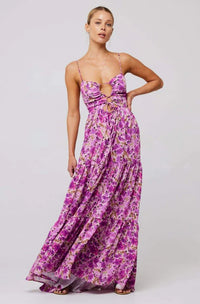 Damen Maxikleid mit Blumenmuster und Aussparungen mit Stufenrock und Spaghettiträgern - Lila mit Blumenmuster