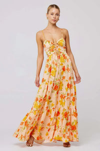 Damen Maxikleid mit Blumenmuster und Aussparungen mit Stufenrock und Spaghettiträgern - Orange mit Blumenmuster