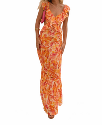 Damen Maxikleid mit Blumenmuster und Rüschendetails - Orange