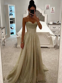 Damen Maxikleid mit Herzausschnitt Spaghettiträgern und glitzerndem Tüllrock - Champagnerfarben