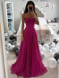 Damen Maxikleid mit Herzausschnitt Spaghettiträgern und glitzerndem Tüllrock - Dunkelrosa