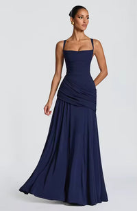 Damen Maxikleid mit Herzausschnitt und asymmetrischer Raffung - Dunkelblau