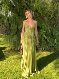 Damen Maxikleid mit Herzausschnitt und plissiertem Rockteil - Grün