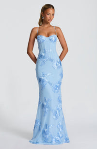 Damen Maxikleid mit Herzausschnitt und Spaghettiträgern mit Schnürung am Rücken und Blumenapplikationen - Hellblau