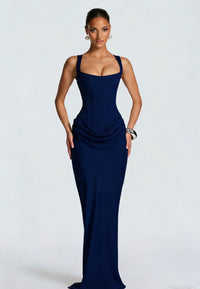 Damen Langes Kleid mit Korsettoberteil breiten Schulterträgern und seitlicher Raffung - Marineblau