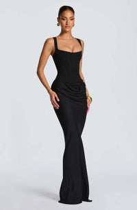 Damen Langes Kleid mit Korsettoberteil breiten Schulterträgern und seitlicher Raffung - Schwarz