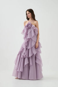 Damen Maxikleid mit Nackenträgern Blütenapplikation und mehrlagigen Volants - Lila
