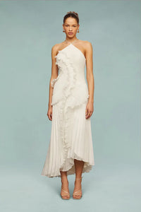 Damen Maxikleid mit Neckholder, Faltenstruktur und Rüschendetails - Weiß