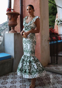 Damen Maxikleid mit Ornamentmuster V-Ausschnitt Rüschenträgern und offenem Rücken - Grün mit Muster