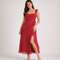 Damen Maxikleid mit Riemen und Rüschenbesatz - Rot