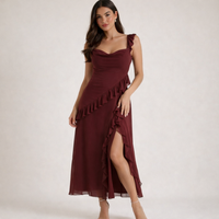 Damen Maxikleid mit Riemen und Rüschenbesatz - Burgund