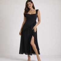Damen Maxikleid mit Riemen und Rüschenbesatz - Schwarz