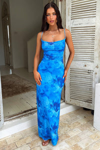 Damen Maxikleid mit Spaghettiträgern Drapierter Brustpartie Schnürung am Rücken und Blumenmuster - Blau