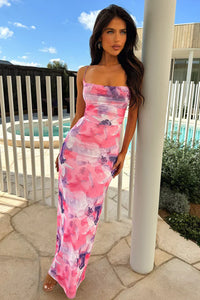 Damen Maxikleid mit Spaghettiträgern Drapierter Brustpartie Schnürung am Rücken und Blumenmuster - Rosa