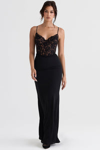 Damen Maxikleid mit Spaghettiträgern und halbtransparentem Spitzenoberteil mit Herzausschnitt - Schwarz