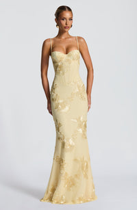 Damen Maxikleid mit Spaghettiträgern und Herzausschnitt mit erhabenen floralen Applikationen - Gelb