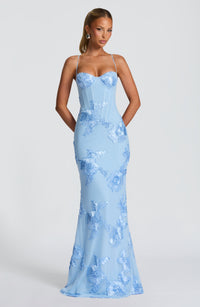 Damen Maxikleid mit Spaghettiträgern und Herzausschnitt mit erhabenen floralen Applikationen - Hellblau