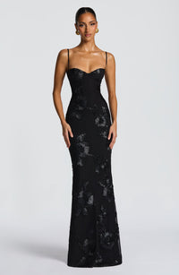 Damen Maxikleid mit Spaghettiträgern und Herzausschnitt mit erhabenen floralen Applikationen - Schwarz