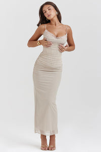 Damen Maxikleid mit Spaghettiträgern und Spitzenbesatz mit gerafftem Oberteil - Beige