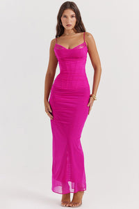 Damen Maxikleid mit Spaghettiträgern und Spitzenbesatz mit gerafftem Oberteil - Roze