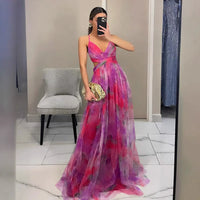 Damen Langes Kleid mit Blumenmuster Spaghettiträgern tiefem V-Ausschnitt und überkreuztem Oberteil - Lila