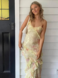 Damen Maxikleid mit Spaghettiträgern V-Ausschnitt Volants und offenem Rücken mit Blumenmuster - Gelb