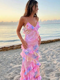 Damen Maxikleid mit Spaghettiträgern V-Ausschnitt Volants und offenem Rücken mit Blumenmuster - Rosa