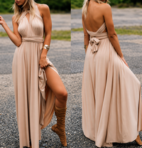 Damen Maxikleid mit überkreuztem Halsteil - Champagner