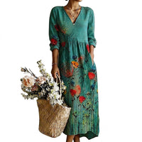 Damen-Maxikleid mit V-Ausschnitt und Blumenmuster - Grün