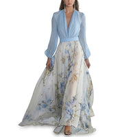 Damen-Maxikleid mit V-Ausschnitt und langen Ärmeln - Blumenmuster