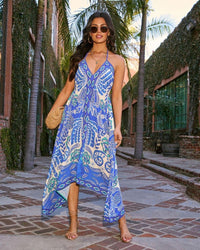 Damen Maxikleid mit V-Ausschnitt und Spaghettiträgern mit offenem Rücken und Zipfelsaum - Blau