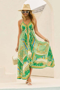 Damen Maxikleid mit V-Ausschnitt und Spaghettiträgern mit offenem Rücken und Zipfelsaum - Grün