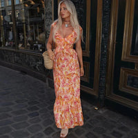 Damen Maxikleid mit V-Ausschnitt und Volantträgern mit seitlichen Ausschnitten und Blumenmuster - Orange