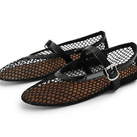 Damen Mesh Mary Jane Ballerinas mit Schnalle - Schwarz